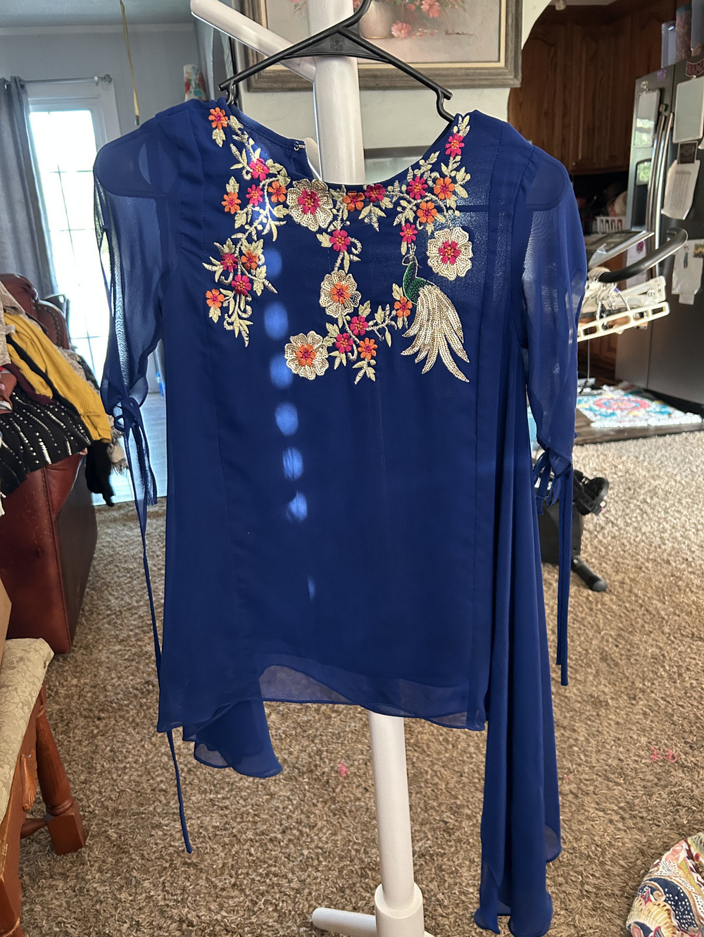 Limelight Royal Blue Sheer Floral Embroidered Tunic Blouse Size XS